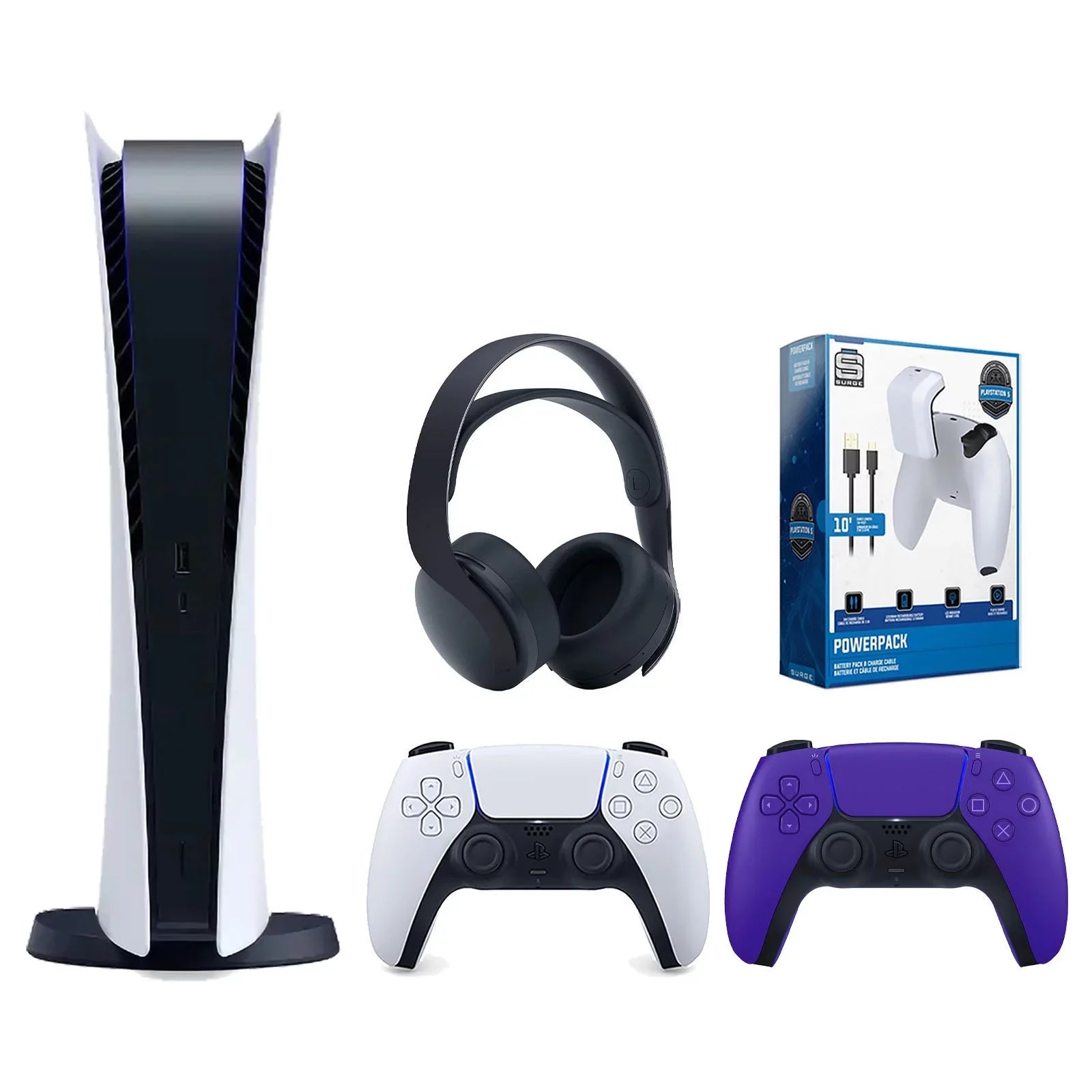 Sizeony Playstation 5 Digital Edition Console with Extra Purple Controller, Black PULSizeE 3D Headset and Sizeurge PowerPack Battery Pack & Charge Cable Bundle