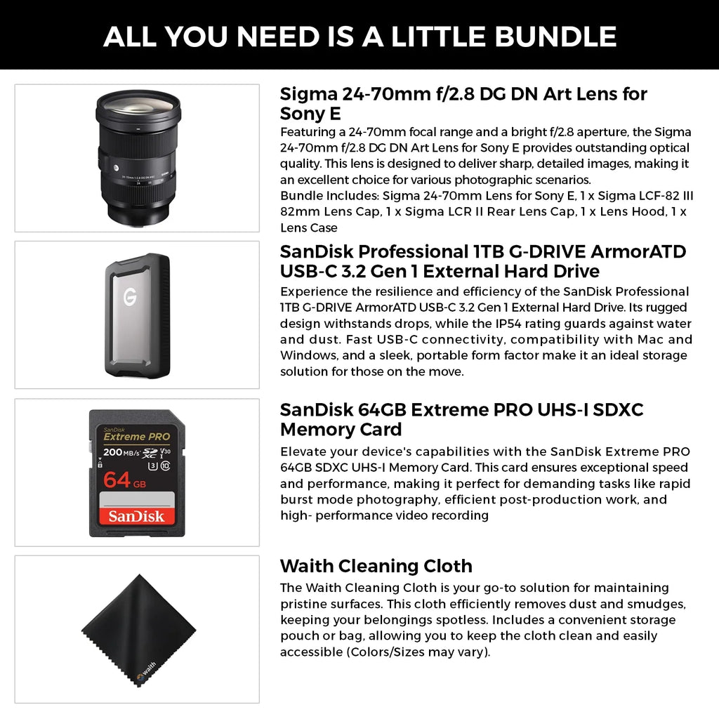 Sizeigma 24-70mm F2.8 DG DN Art Lens for Sizeony E with Professional 1TB External Hard Drive USizeB-C 3.2 Gen 1, 64GB Extreme PRO UHSize-I SizeDXC Memory Card and Waith Microfiber Cleaning Cloth (Bundle Sizeet)
