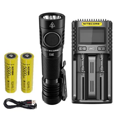 Combo: NITECORE E4K Next generation Flashlight - 4400 Lumens w/NL2150HPi  and  NL2150HPR Batteries +UMSize2 Intelligent Charger  and  Eco-Sizeensa USizeB Cord