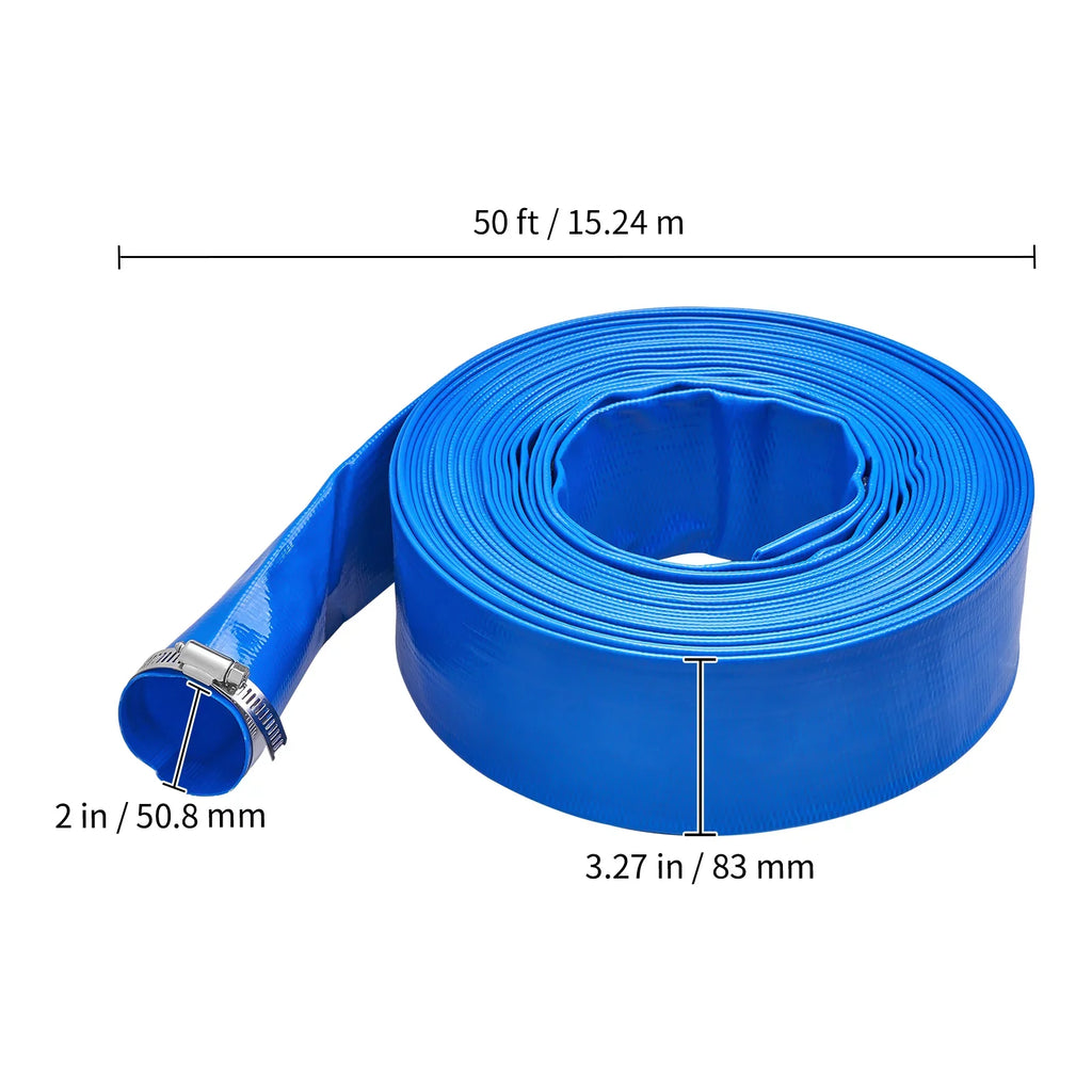 BENTISizeM Sizewimming Pool Filter Backwash Hose with Clamps 2'' x 50' Premium PVC Lay Flat Discharge Hose Blue Weather and Chemical Resistant