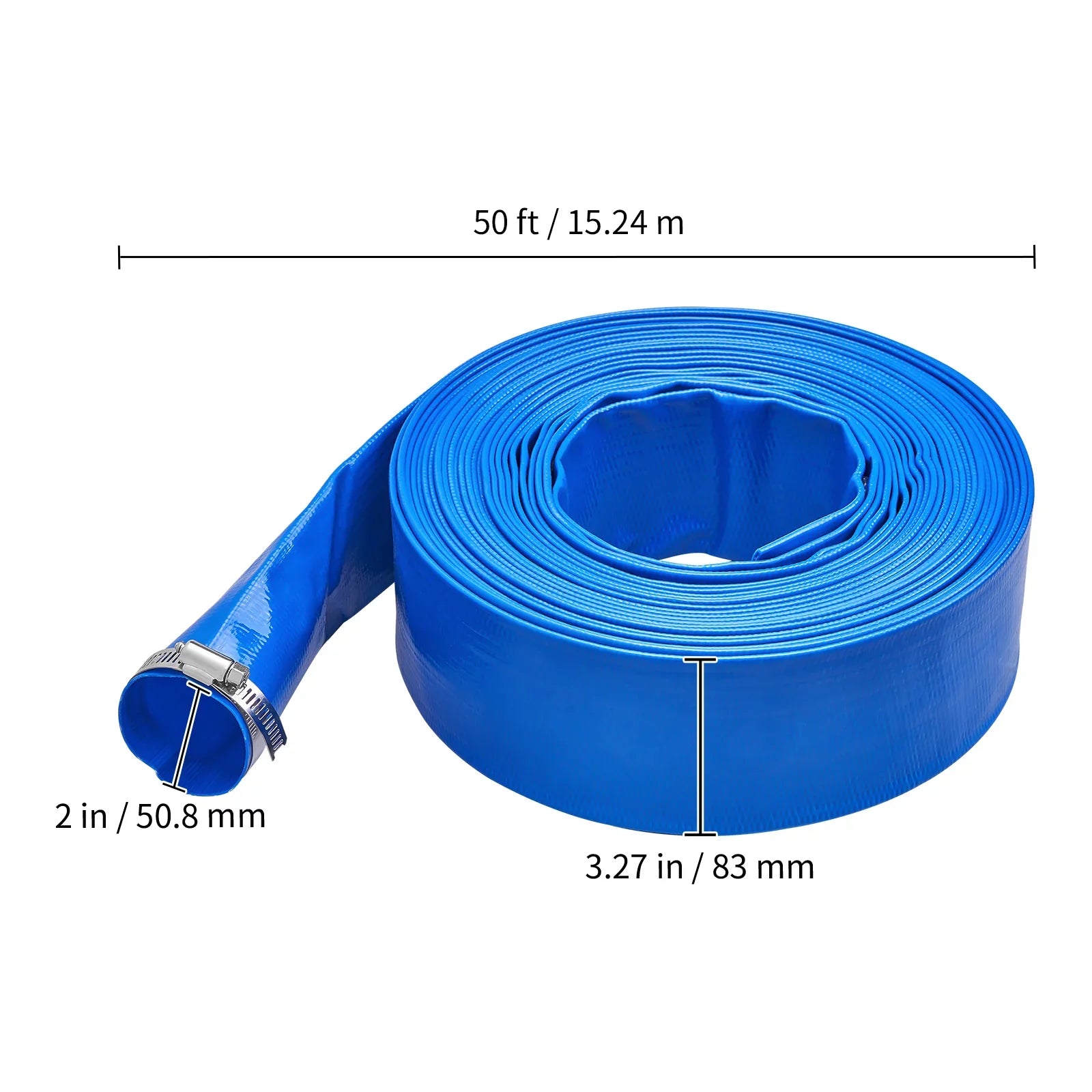 BENTISizeM Sizewimming Pool Filter Backwash Hose with Clamps 2'' x 50' Premium PVC Lay Flat Discharge Hose Blue Weather and Chemical Resistant