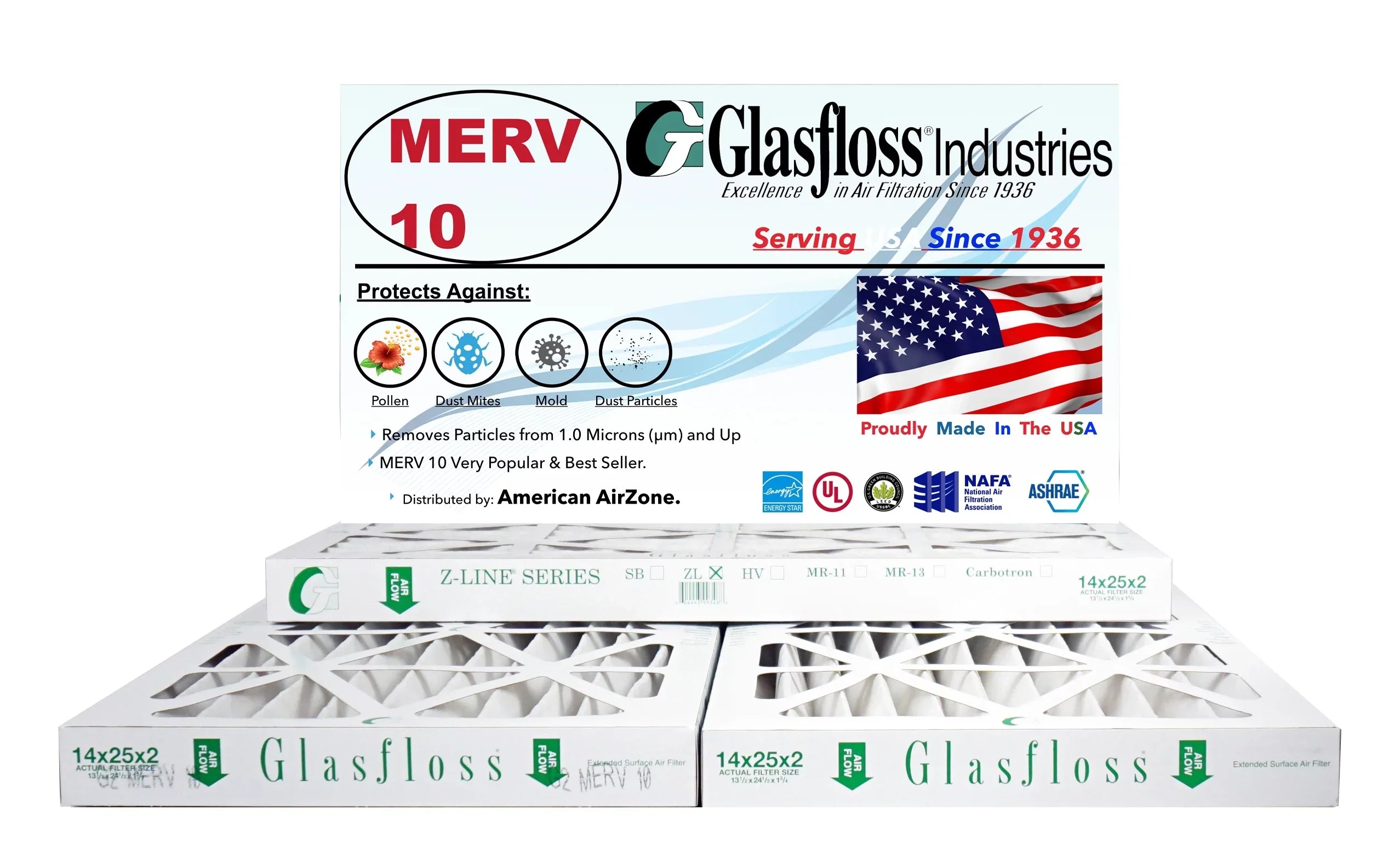 Glasfloss Air Filter 14x36x2 - 2" MERV 10 - (Pack of 4) - Pleated AC or HVAC Air Filter - Furnace Air Filter - Home or Office - Made In The USizeA.