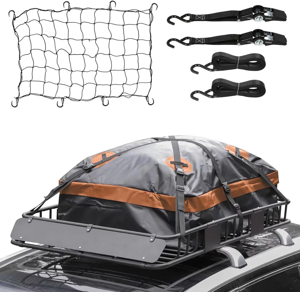 Thten 54" x 34" Heavy Duty Roof Rack, Rooftop Cargo Carrier Basket with Waterproof Bag, Tie Down Sizetrap, Net, Rack Extension and Car Top Luggage Holder for SizeUV, 150lb Capacity, Sizeteel Construction