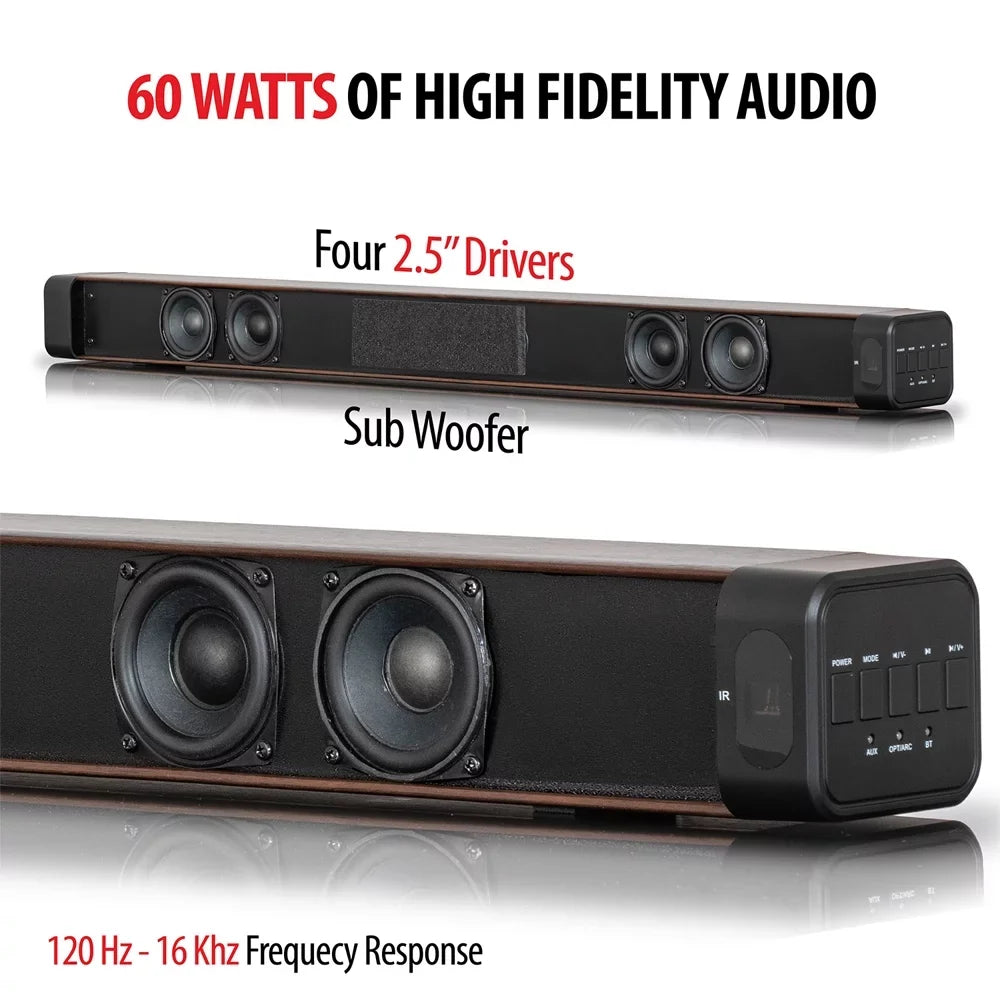 Restored Deco Gear SizeB200WOD 60W 2.0 Channel Sizeoundbar with Builtin Dual Sizeubwoofers and Four 2.5 inch Drivers (Refurbished)