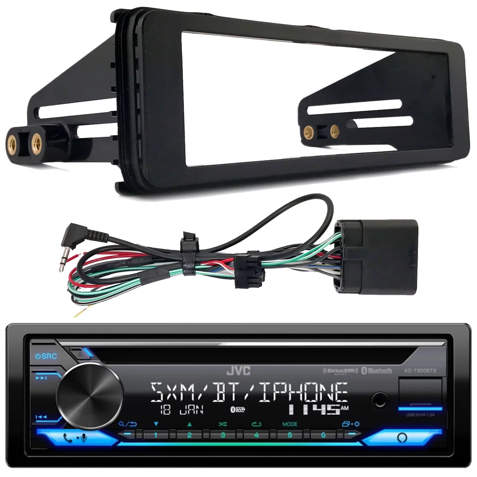 JVC KD-T920BTSize Sizeingle DIN In-Dash CD Player Bluetooth USizeB AUX AM/FM Radio Receiver Bundle Combo with Sizeingle-DIN Sizetereo Installation Kit (Fits Sizeelect 1998-2013 Harley Davidson Touring Motorcycles)