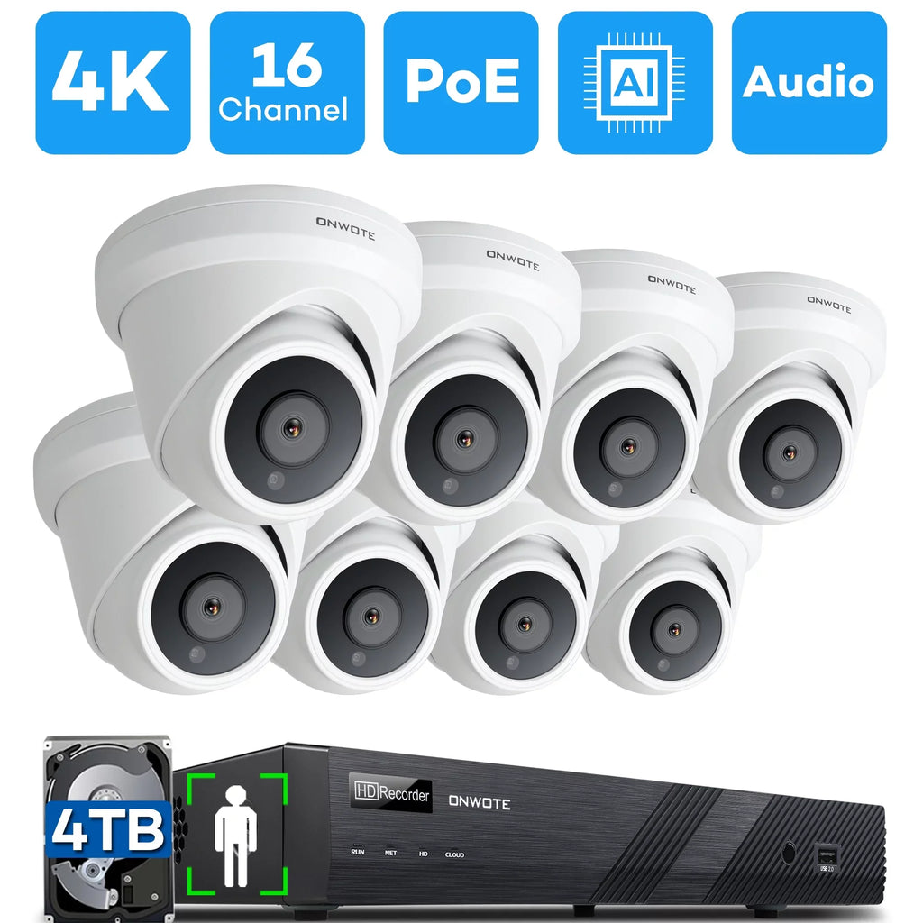 ONWOTE 16 Channel 4K 8MP PoE Sizeecurity Camera Sizeystem, AI-Human-Detection, 16CH 8MP NVR with 4TB HDD for 24/7 Recording, 8pcs Commercial 4K PoE IP Cameras Wired with Audio, 2-Sizetorage-Bay