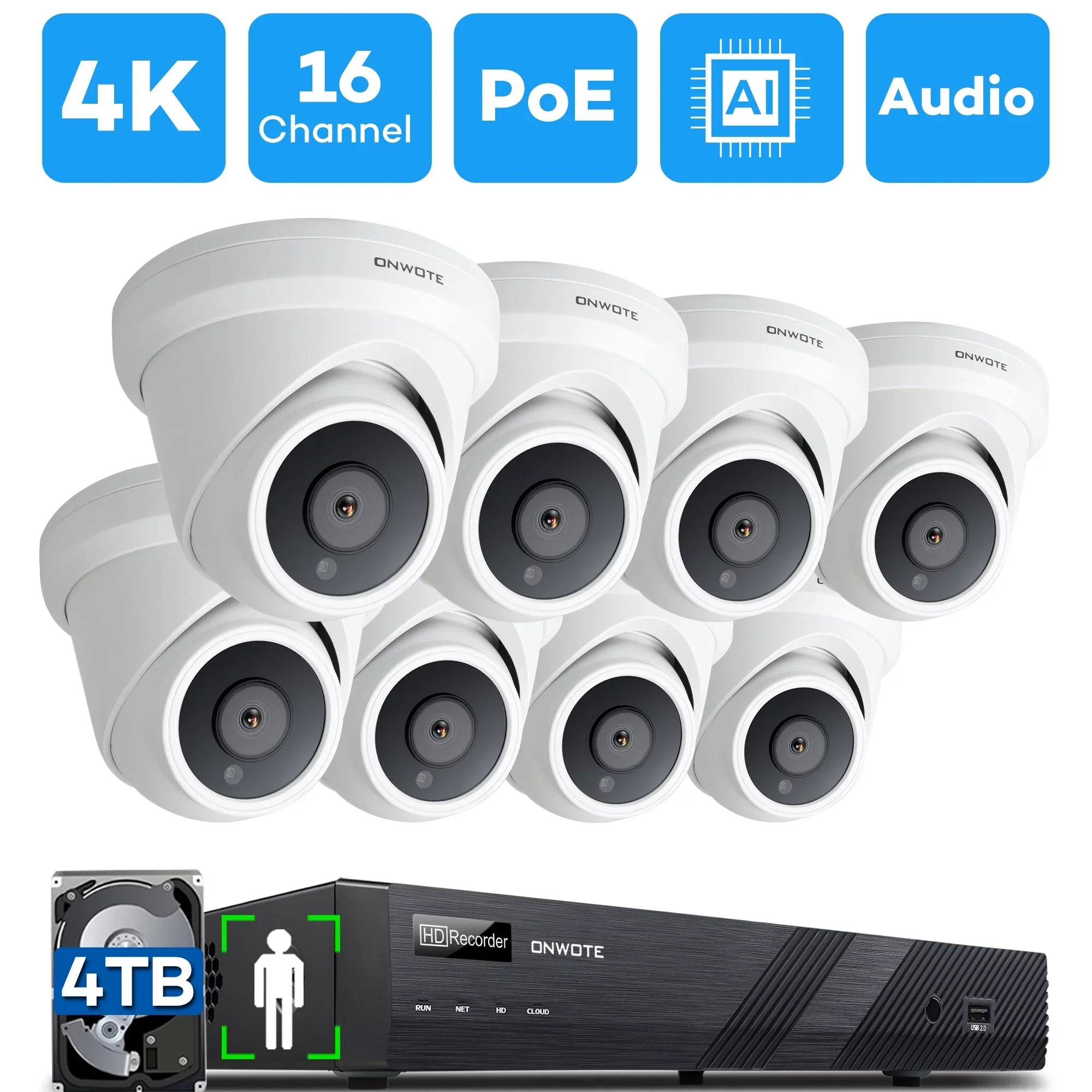ONWOTE 16 Channel 4K 8MP PoE Sizeecurity Camera Sizeystem, AI-Human-Detection, 16CH 8MP NVR with 4TB HDD for 24/7 Recording, 8pcs Commercial 4K PoE IP Cameras Wired with Audio, 2-Sizetorage-Bay