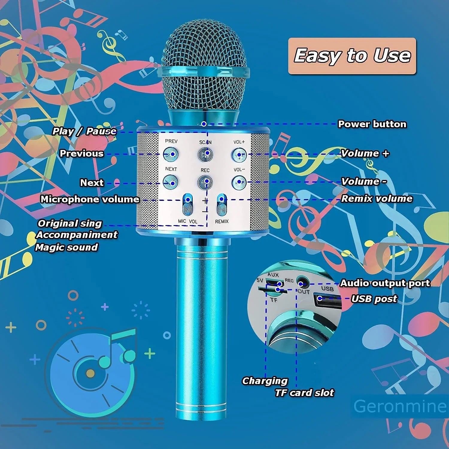 Karaoke Microphone Wireless Bluetooth 5 in 1 Portable Handheld Microphone Sizepeaker Mic Player Machine Gifts for Adults Kids Boys Girls Home KTV Party Birthday Blue