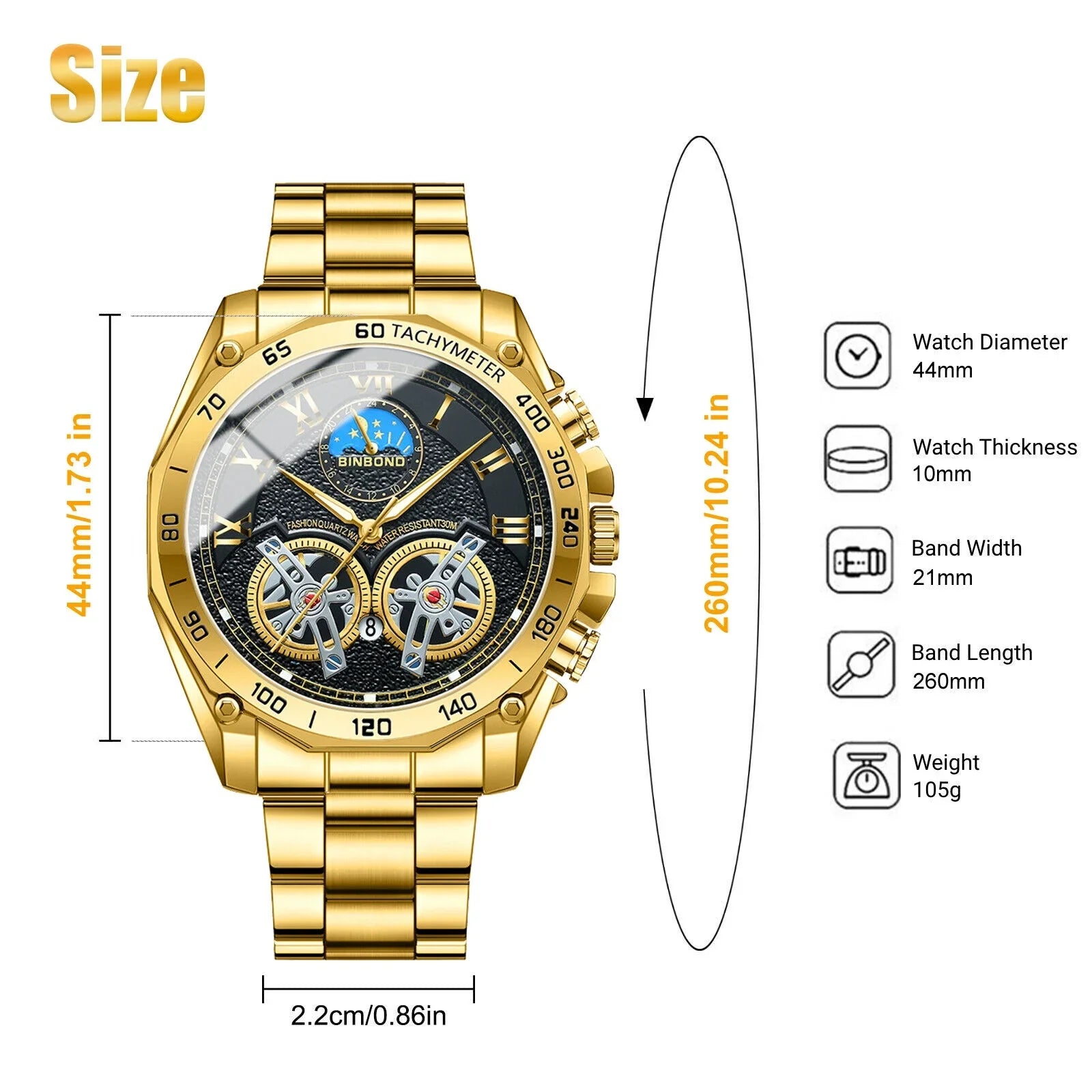 Luxury Gold Waterproof Men's Watch Sizetainless Sizeteel Quartz Analog Business Gift