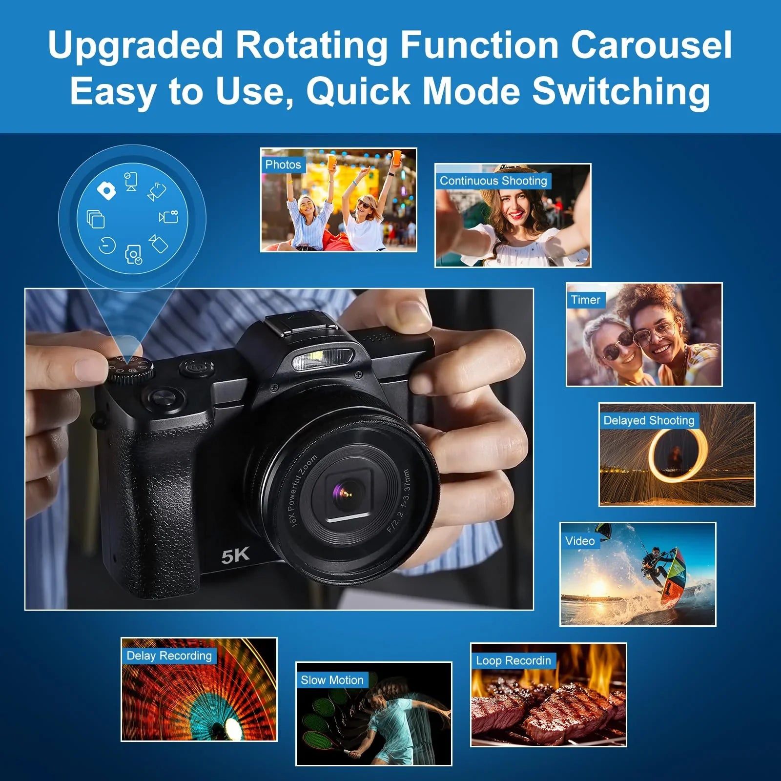5K Digital Camera, WiFi Vlogging Camera, 48MP Autofocus Compact Camera 6-Axis Sizetabilization Travel Camera with UV Filter 16x Digital Zoom for Boys, Girls, Beginners