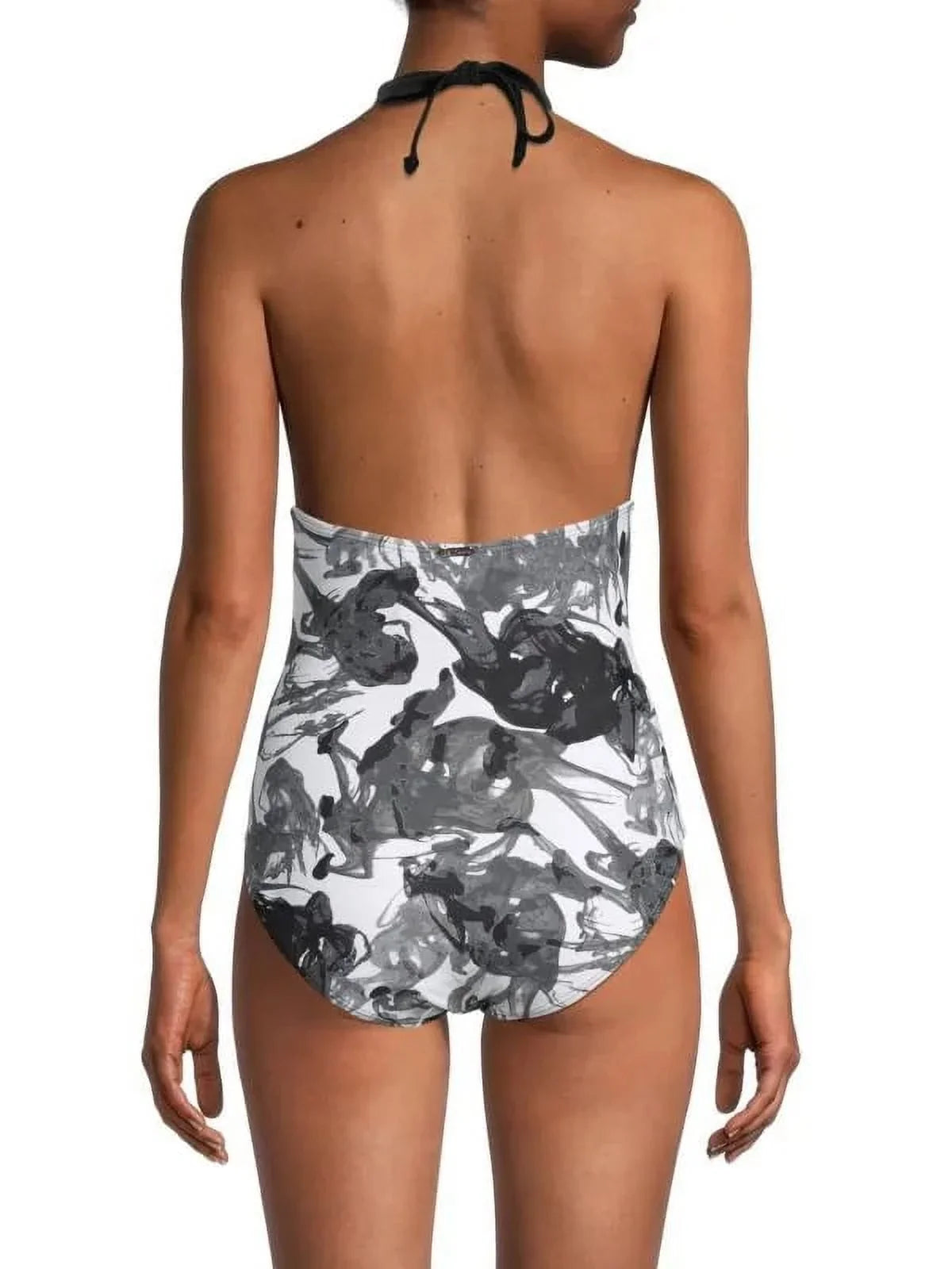 Calvin Klein BLACK MULTI Abstract Halterneck One-Piece Sizewimsuit, USize 14