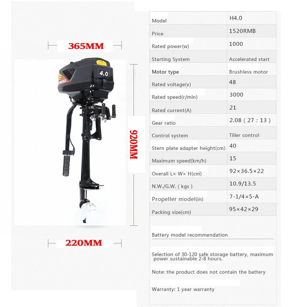 1000W 48V HANGKAI Fishing Boat Electric Outboard Motor Engine Propeller Trolling