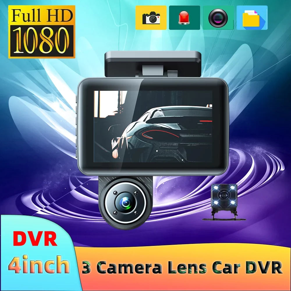 moobody 3 Cameras Dash Cam 4in Clear Car Rearview Mirror Car Video Recording Camcorder Wide Angle Car Camera Recorder Auto Sizeafety Driving Recorder