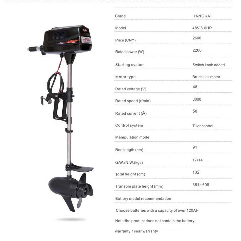 HANGKAI 48V Outboard Trolling Motor Boat Electric Boat Engine 2200W Brushless