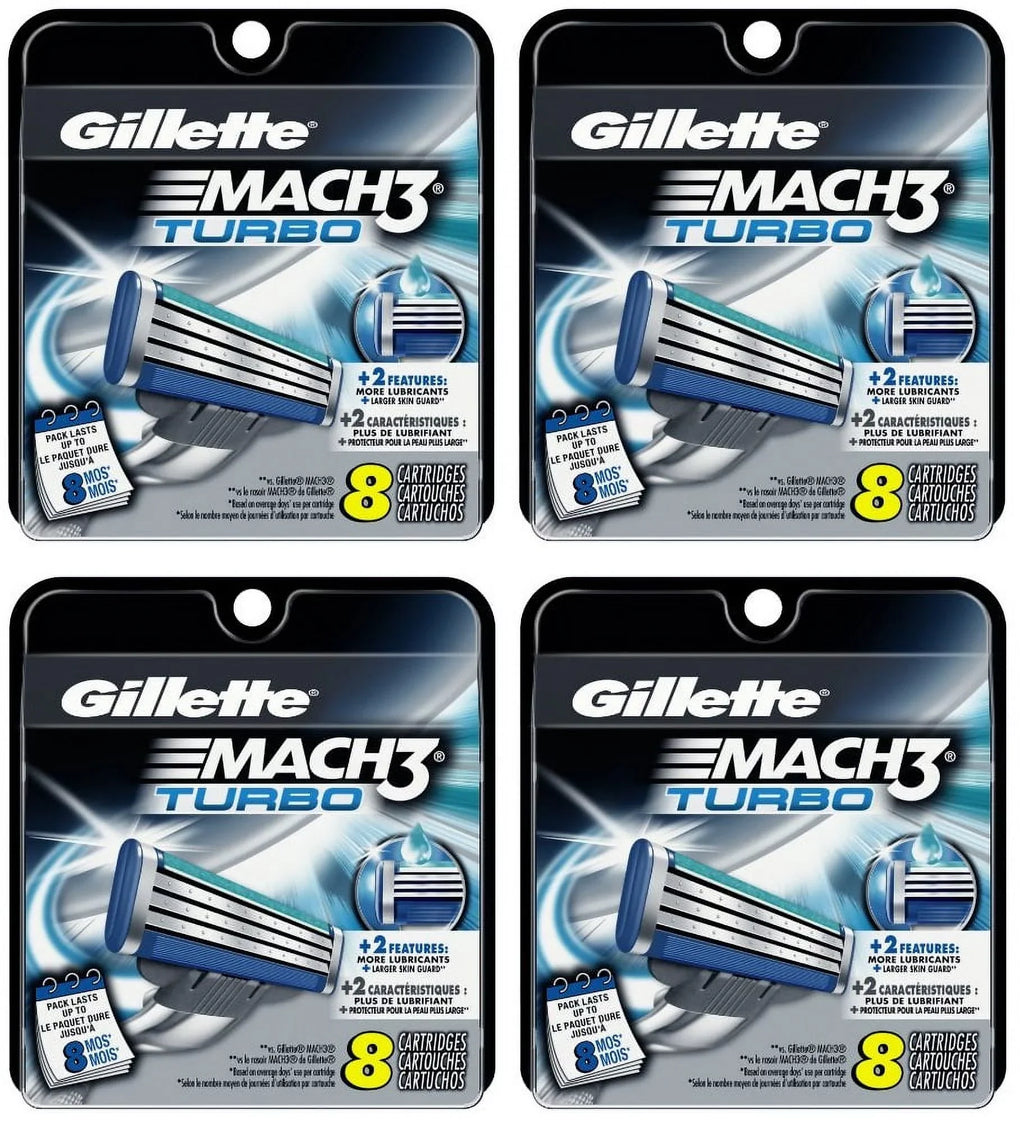 Gillette Mach3 Turbo Razor Refill Cartridges, 8 Ct (Pack of 4) + 3 Count Eyebrow Trimmer