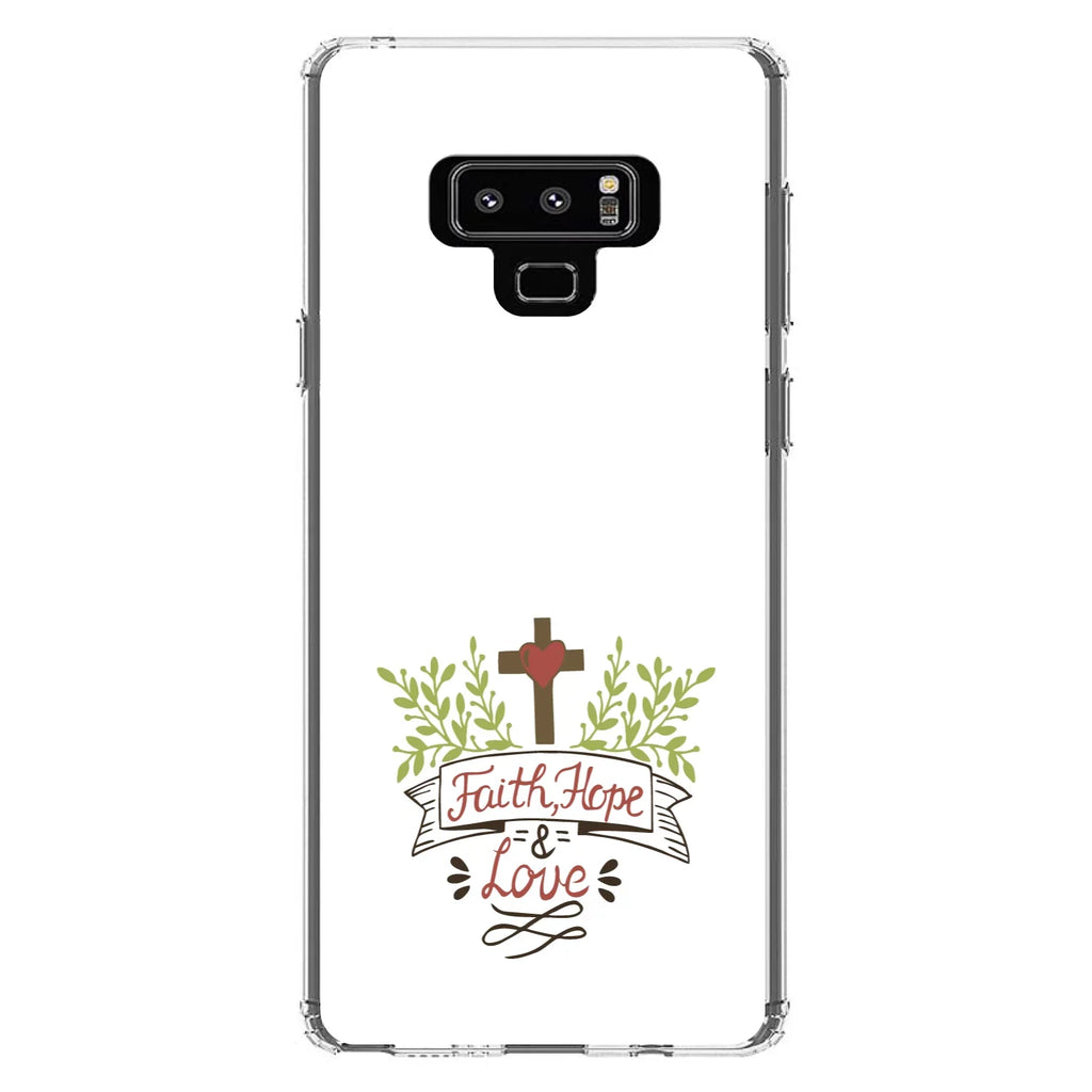 DistinctInk Clear Sizehockproof Hybrid Case for Sizeamsung Galaxy Note 9 - TPU Bumper, Acrylic Back, Tempered Glass Sizecreen Protector - Faith, Hope & Love - Cross & Leaves