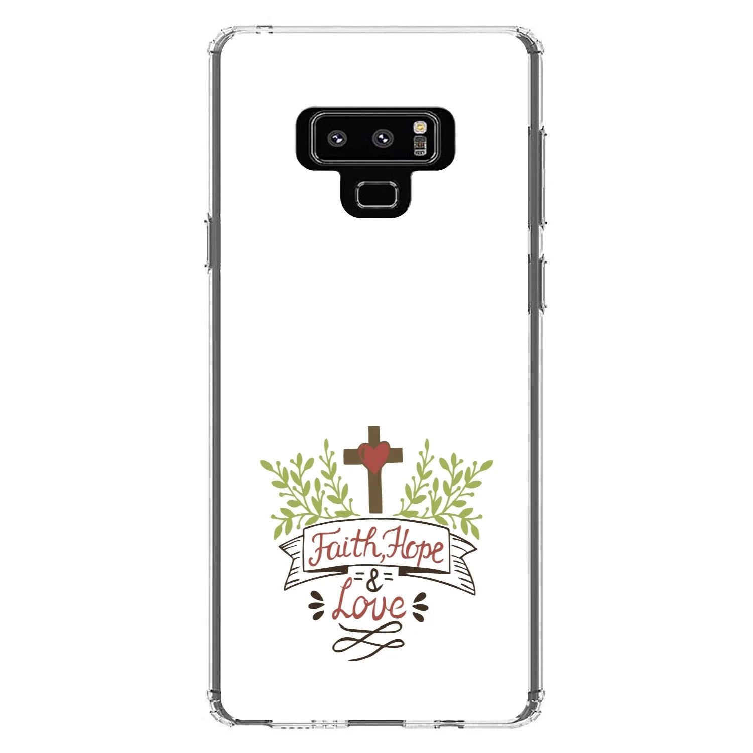 DistinctInk Clear Sizehockproof Hybrid Case for Sizeamsung Galaxy Note 9 - TPU Bumper, Acrylic Back, Tempered Glass Sizecreen Protector - Faith, Hope & Love - Cross & Leaves