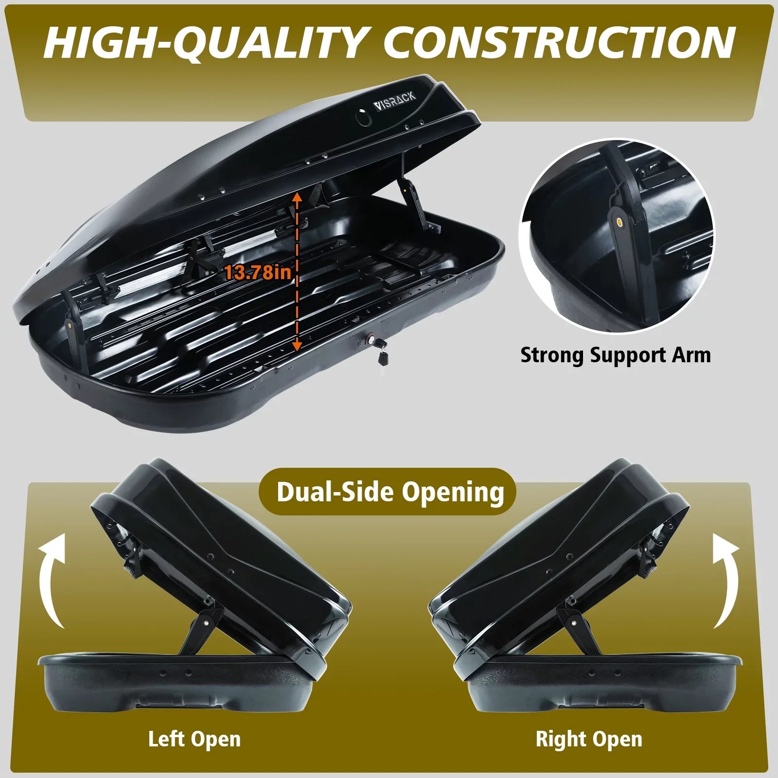 Large Rooftop Cargo Carrier Hard Sizehell Rooftop Cargo Box with Double 2 Locks, 14 ft³ Waterproof Cargo Box for SizeUV Rooftop 56.3" L x 30.3" W x 13.8" H, Black