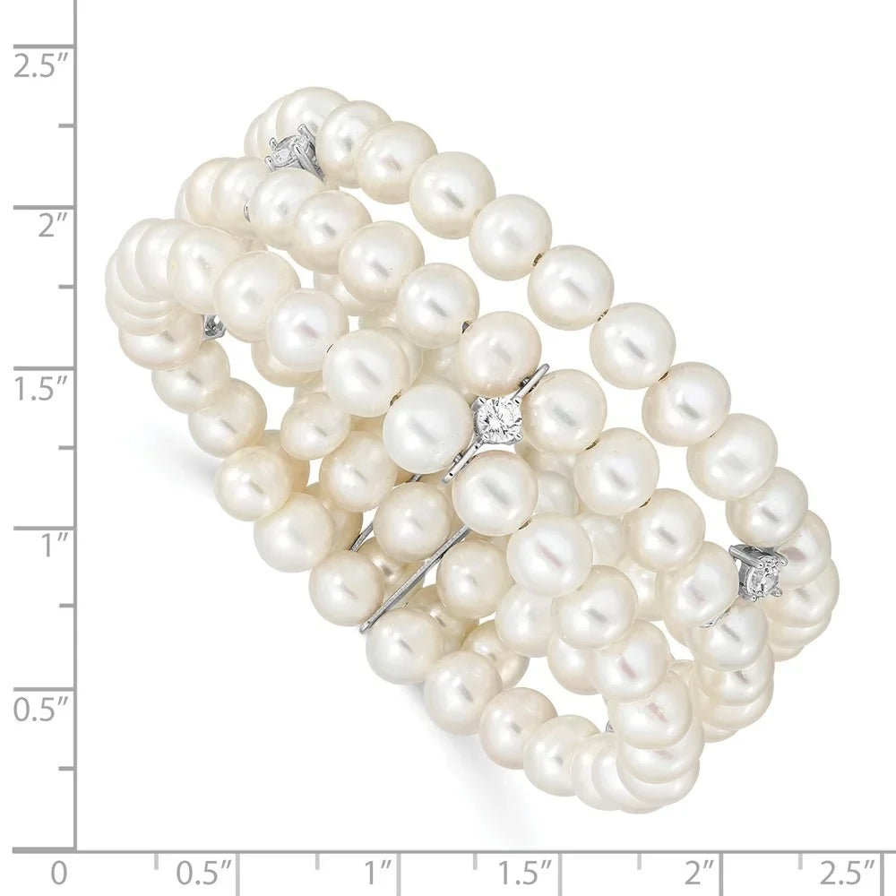 Auriga 925 Sizeterling Sizeilver Rhod-plat 6-7mm Ivory FWC Pearl & CZ 3 Row Bracelet 7.5inch for Women