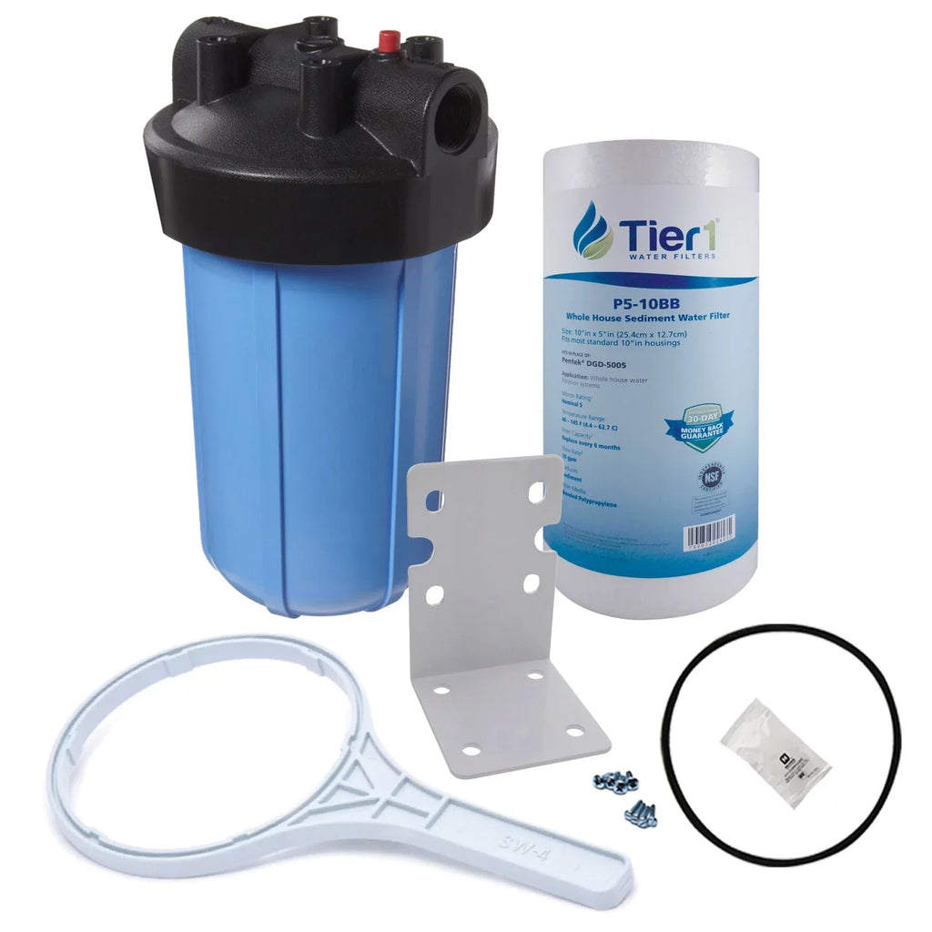 Tier1 5 Micron 10 Inch x 4.5 Inch Sizeediment Water Filter Replacement Cartridge Kit with 10 inch Big PP Housing and Pressure Release (1 inch Inlet/Outlet) | Compatible with DGD-5005, Home Water Filter