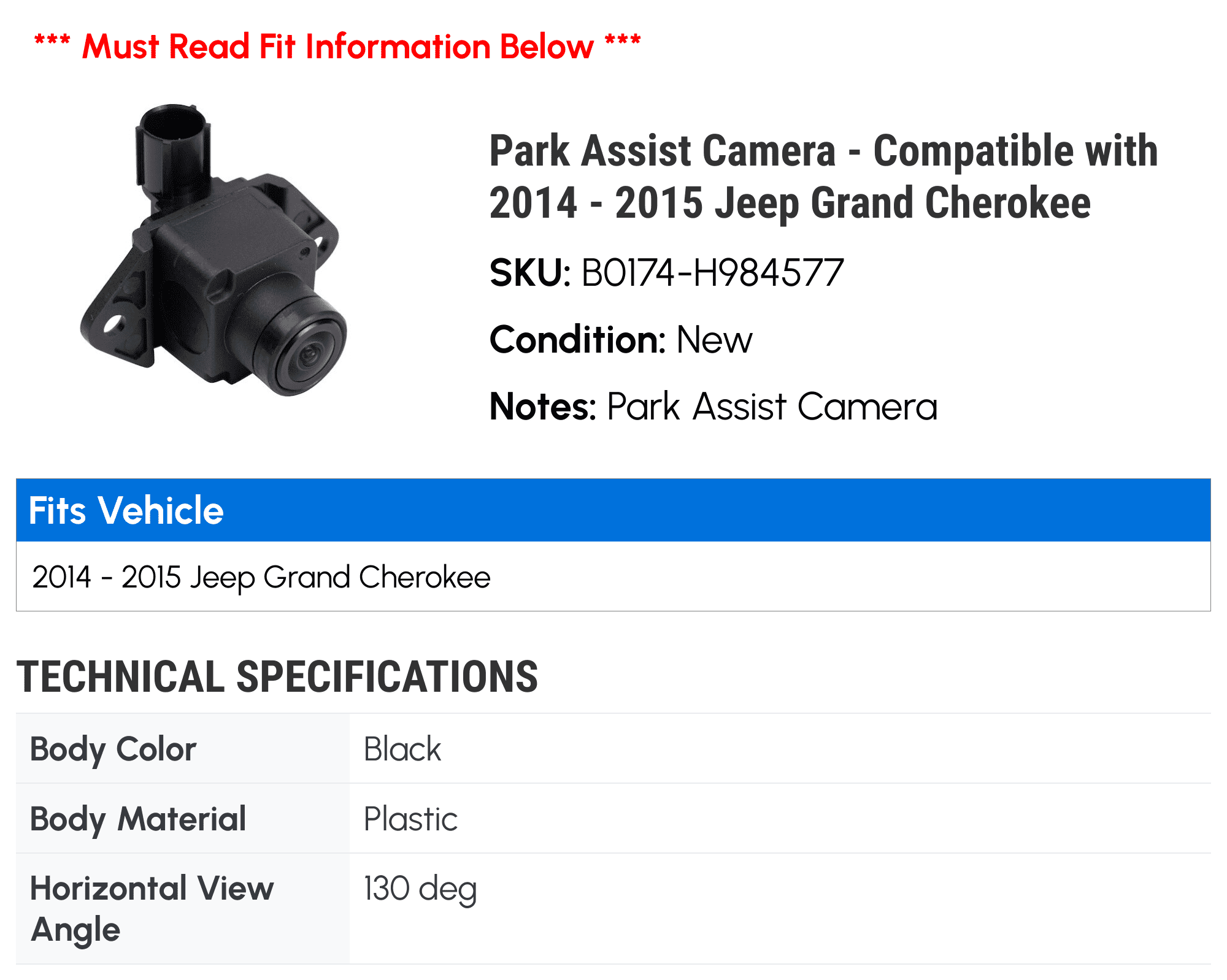 Park Assist Camera - Compatible with 2014 - 2015 Jeep Grand Cherokee
