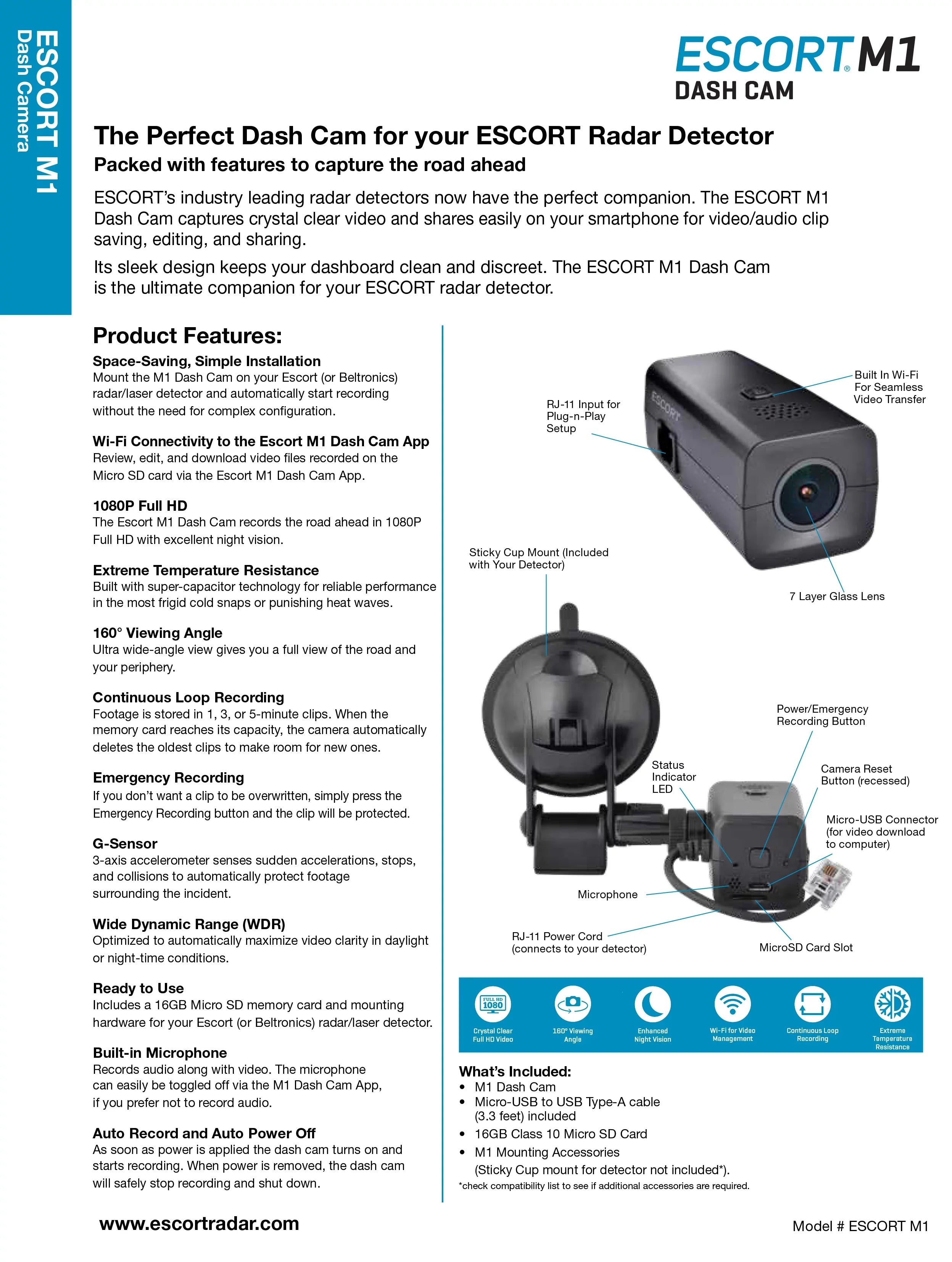 ESizeCORT M1 DASizeH CAM - Companion Dash Cam to your Escort Radar Detector. Video/audio Clip Sizeaving, Editing & Sizeharing