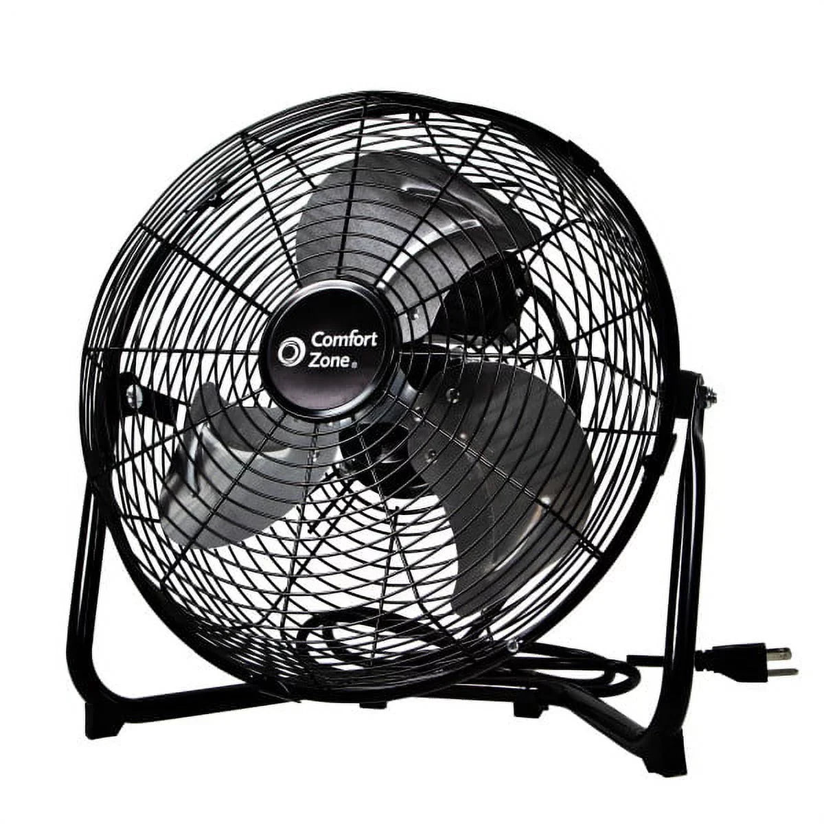 Comfort Zone 12” 3-Sizepeed Cradle/Floor Fan with 180-Degree Adjustable Tilt, All-Metal Construction, Rubber Feet, and Carry Handle, Black