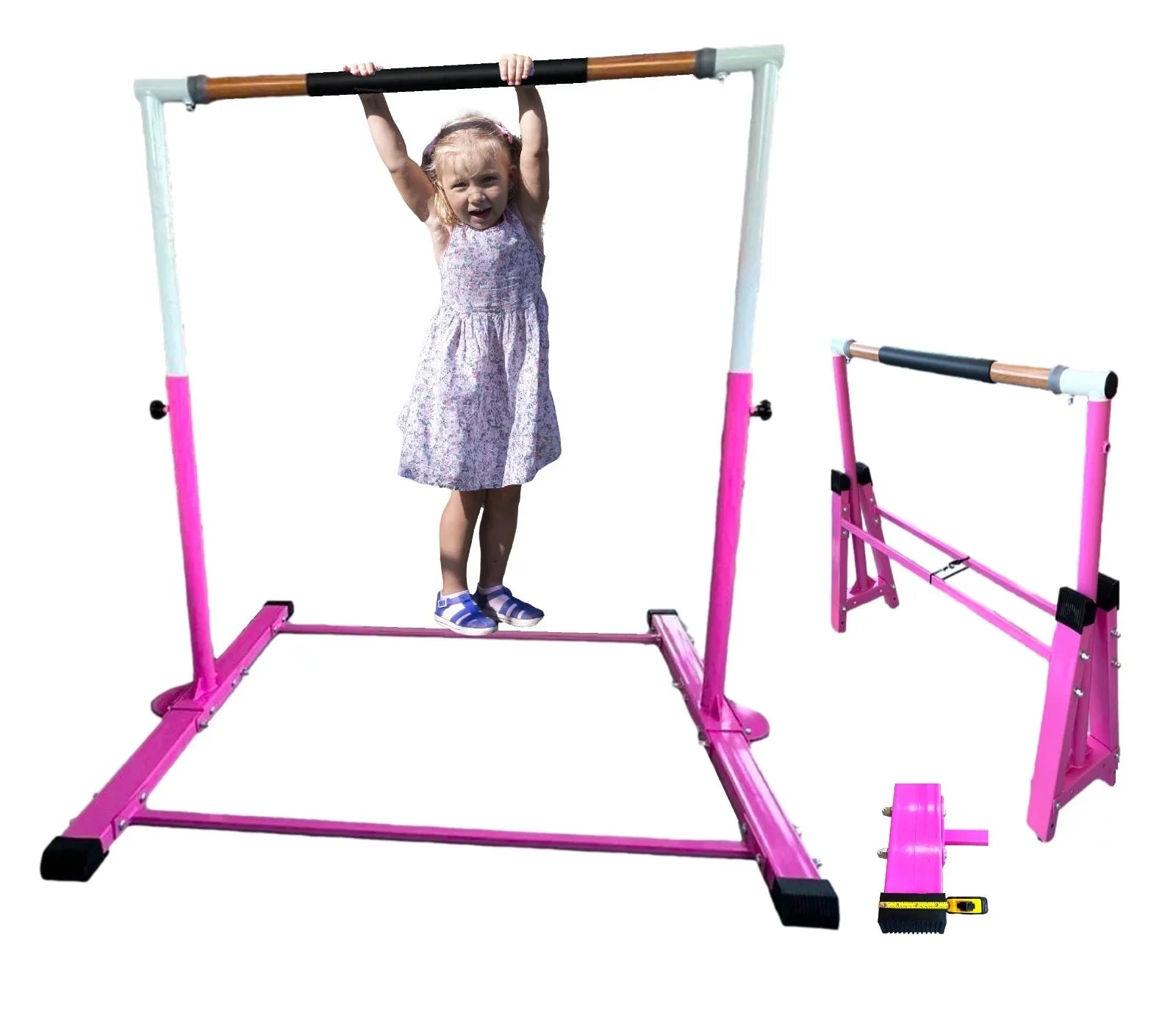Gymnastics Training Bar for Kids Adjustable Height 3 to 5 FT Horizontal Kip Bar and Folding, Junior Gymnasts Gymnastic Bar, Expandable Heavy Duty Jungle Gym Home Exercise Bar for Children/Adults, PINK