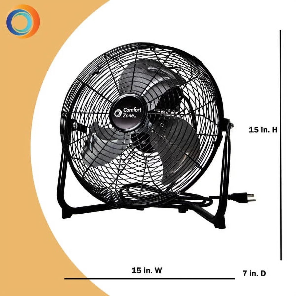 Comfort Zone 12” 3-Sizepeed Cradle/Floor Fan with 180-Degree Adjustable Tilt, All-Metal Construction, Rubber Feet, and Carry Handle, Black