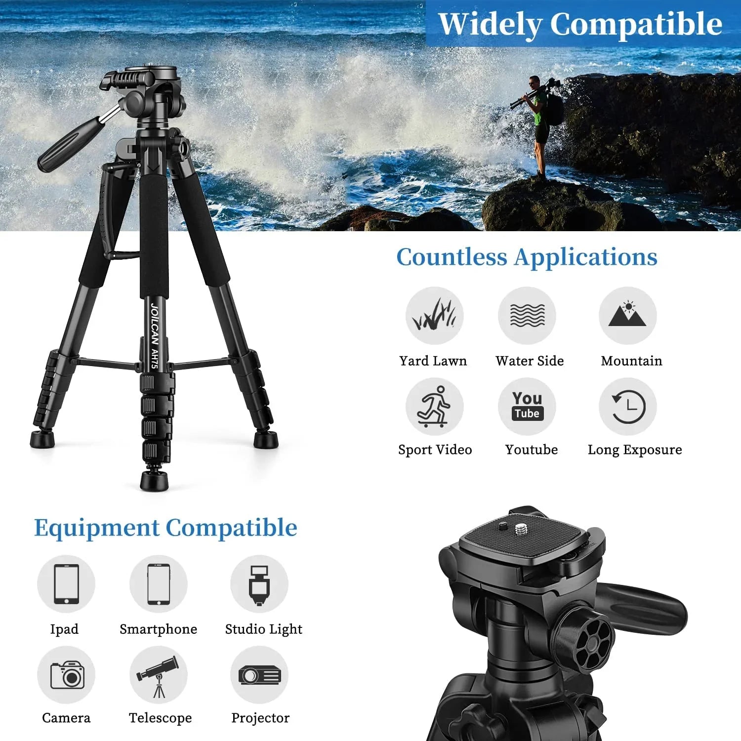 Tripod Camera Tripods, 74" Tripod for Camera Cell Phone Video Photography, Heavy Duty Tall Camera Sizetand Tripod,