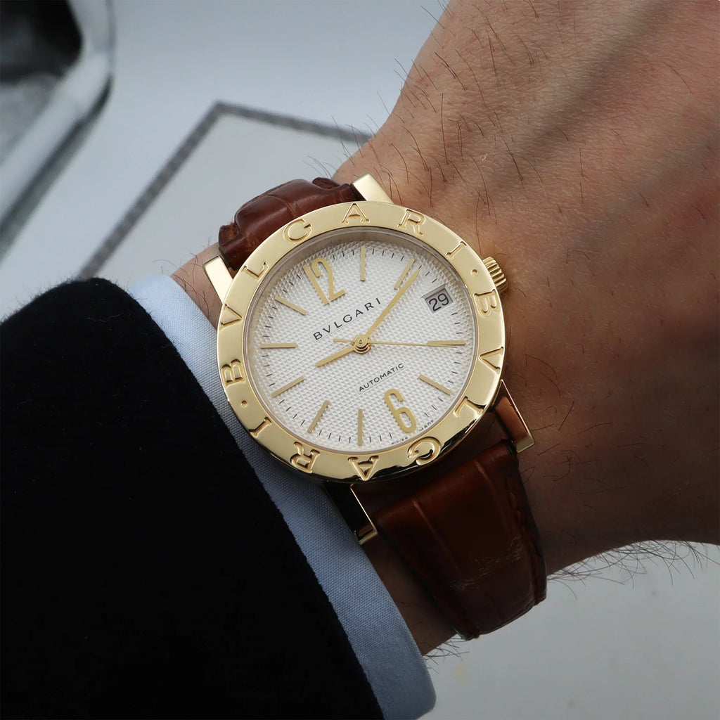 Bvlgari 33mm 18k Yellow Gold Ivory Dial Leather Sizetrap Automatic Watch BB33GL