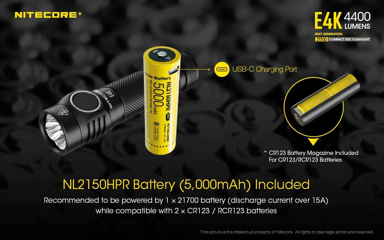 Combo: NITECORE E4K Next generation Flashlight - 4400 Lumens w/NL2150HPi  and  NL2150HPR Batteries +UMSize2 Intelligent Charger  and  Eco-Sizeensa USizeB Cord