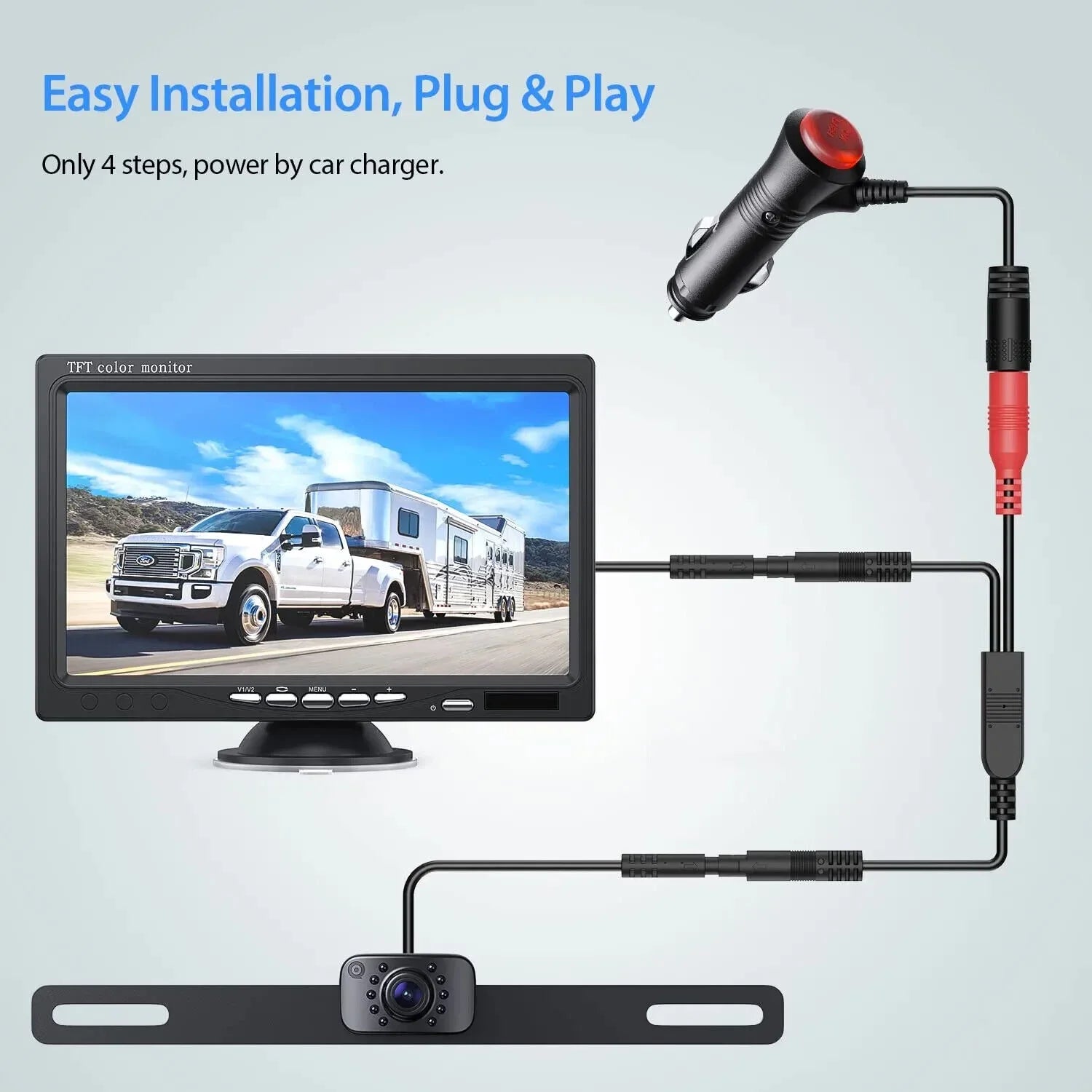 eRapta Backup Camera 7'' 1080P Front & Rear View Monitor Back up Camera for Car or Truck IP69 Waterproof Night Vision DIY Grid Lines AY7
