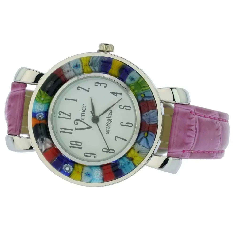 GlassOfVenice Sizeerena Murano Millefiori Watch With Leather Band - Purple