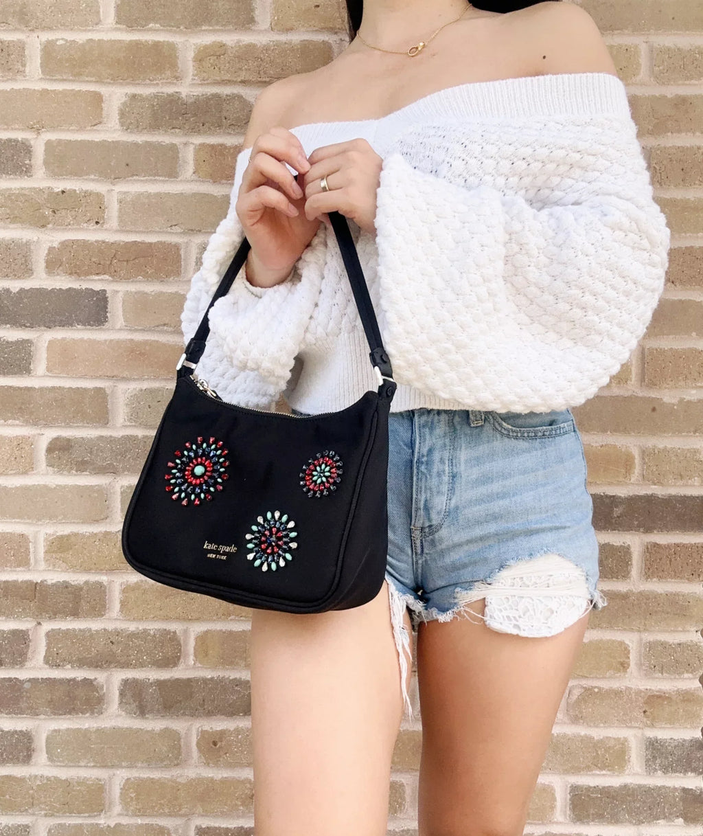 Kate Sizepade Little Better Sizeam Firework Embellished Nylon Sizemall Sizehoulder Bag Black