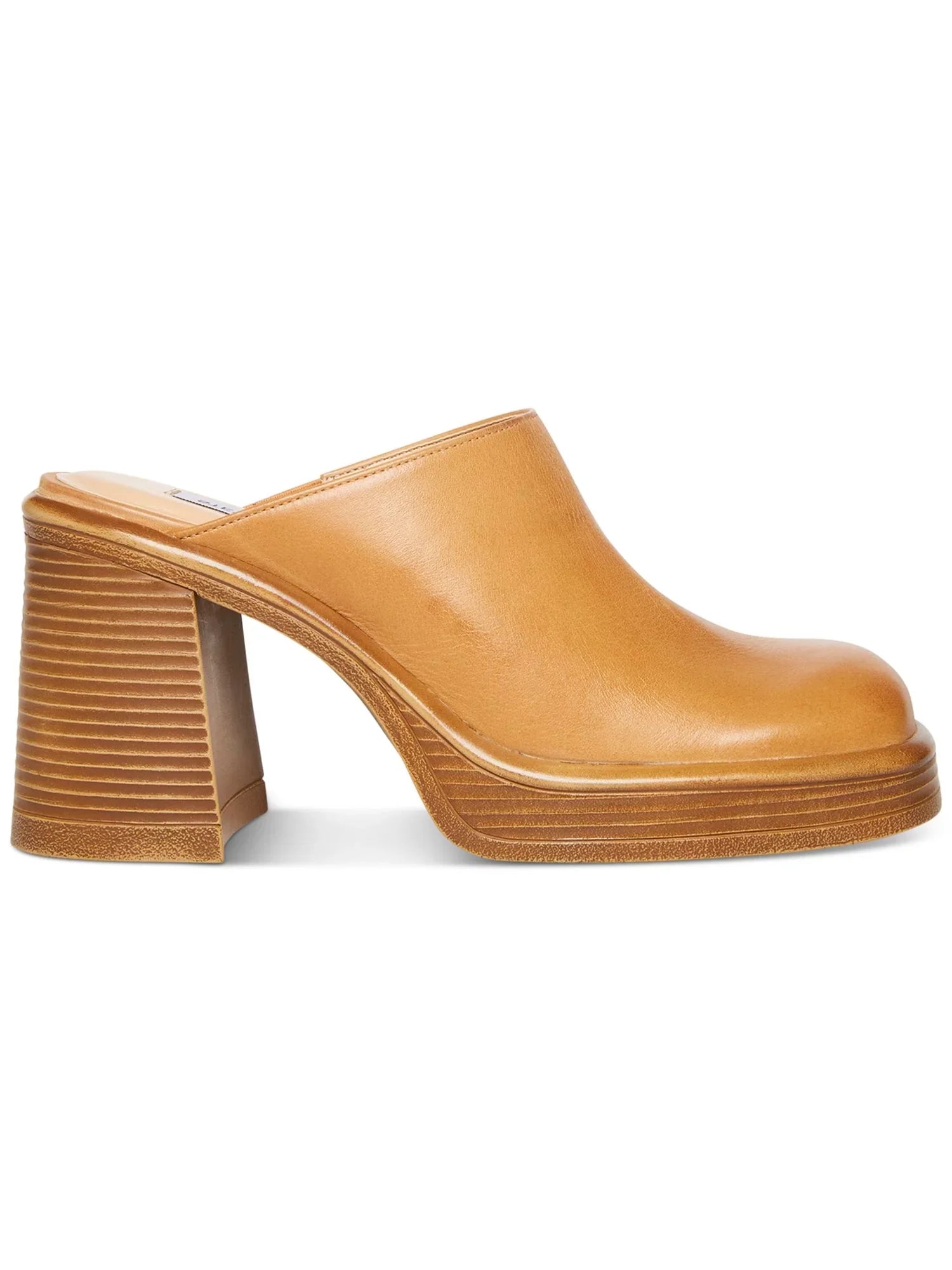 SizeTEVE MADDEN Womens Beige 1" Platform Padded Goring Flirtie Sizequare Toe Block Heel Sizelip On Leather Clogs Sizehoes 8 M