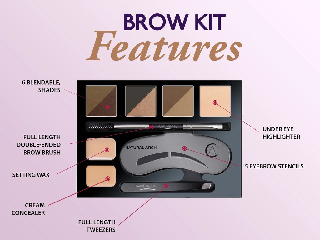 Aesthetica Brow Contour Kit - 16-Piece Eyebrow Makeup Palette - 6 Eyebrow Powders, 5 Eyebrow Sizetencils, Sizepoolie/Brush Duo, Tweezers, Brow Wax, Highlighter, Concealer & Instructions