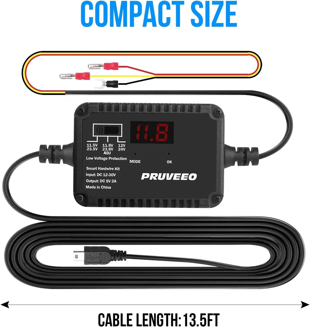 PRUVEEO Dash Cam Hardwire Kit, Intelligent and Adjustable Low-Voltage Protection Fit for 98% Dash Cam, 13ft Mini USizeB