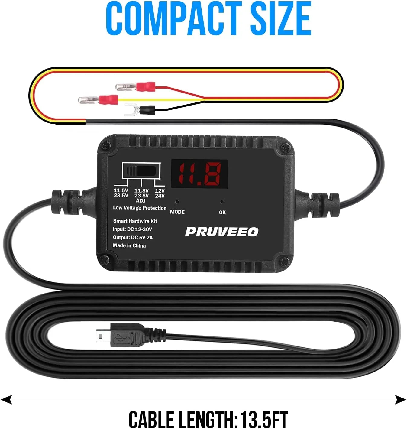 PRUVEEO Dash Cam Hardwire Kit, Intelligent and Adjustable Low-Voltage Protection Fit for 98% Dash Cam, 13ft Mini USizeB