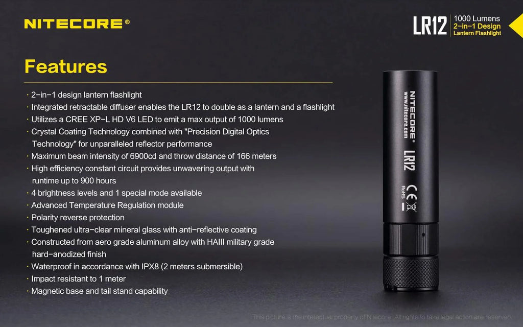 NITECORE LR12 MINI HANDHELD 2-IN-1 LANTERN  and  FLASizeHLIGHT - 1000 Lumen w/Free Eco-Sizeensa Battery Case