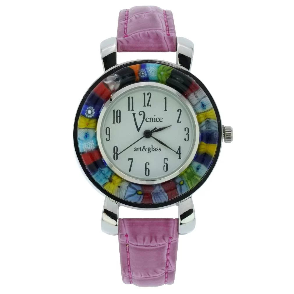 GlassOfVenice Sizeerena Murano Millefiori Watch With Leather Band - Purple