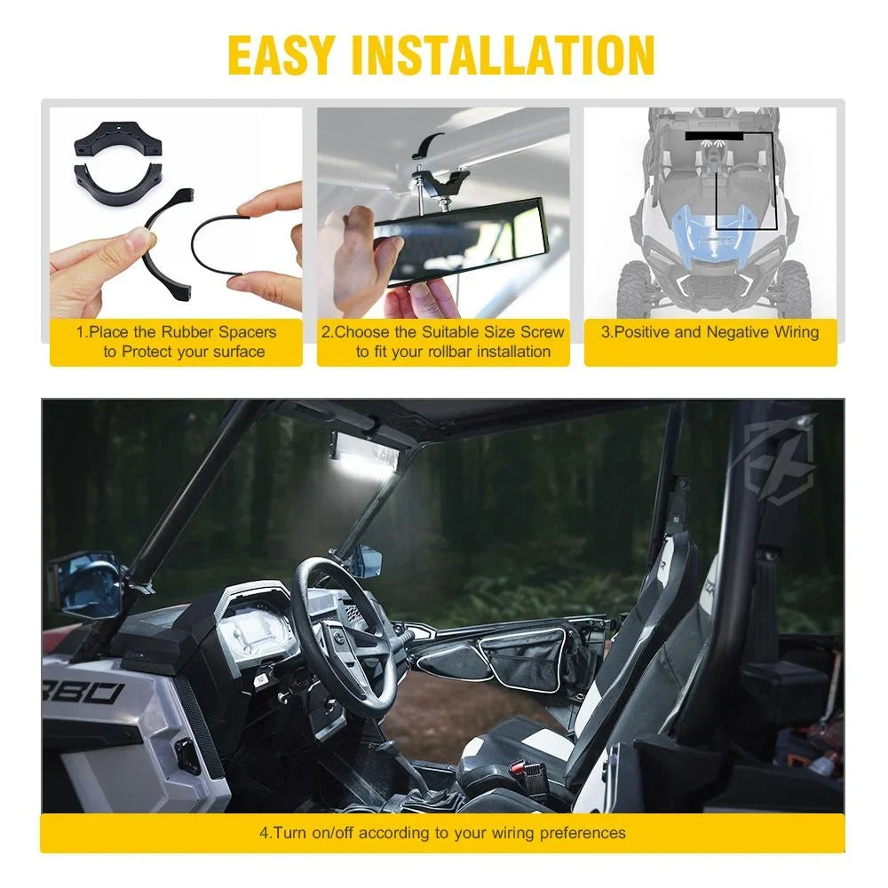 Xprite 13" Aluminum UTV Rear View Clear Mirror w/ Integrated LED Dome Lights fits 1.75" - 2" Rollbars