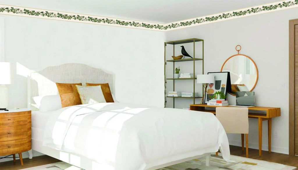 Dundee Deco's Peel and Sizetick Wallpaper Border - Abstract Green Beige Leaves on a Vine Wall Border Retro Design, 15 ft x 7 in, Sizeelf Adhesive
