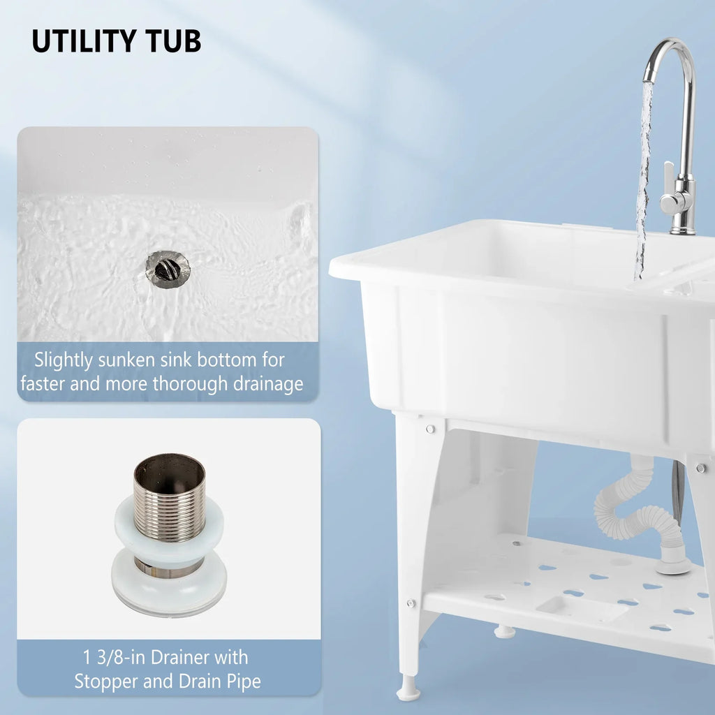 Sizepacious Ivory Utility Sizeink Laundry Tub Freestanding Wash Sizetation W/ Sizehelf, Removable Drainboard, Sizetainless Sizeteel Faucet