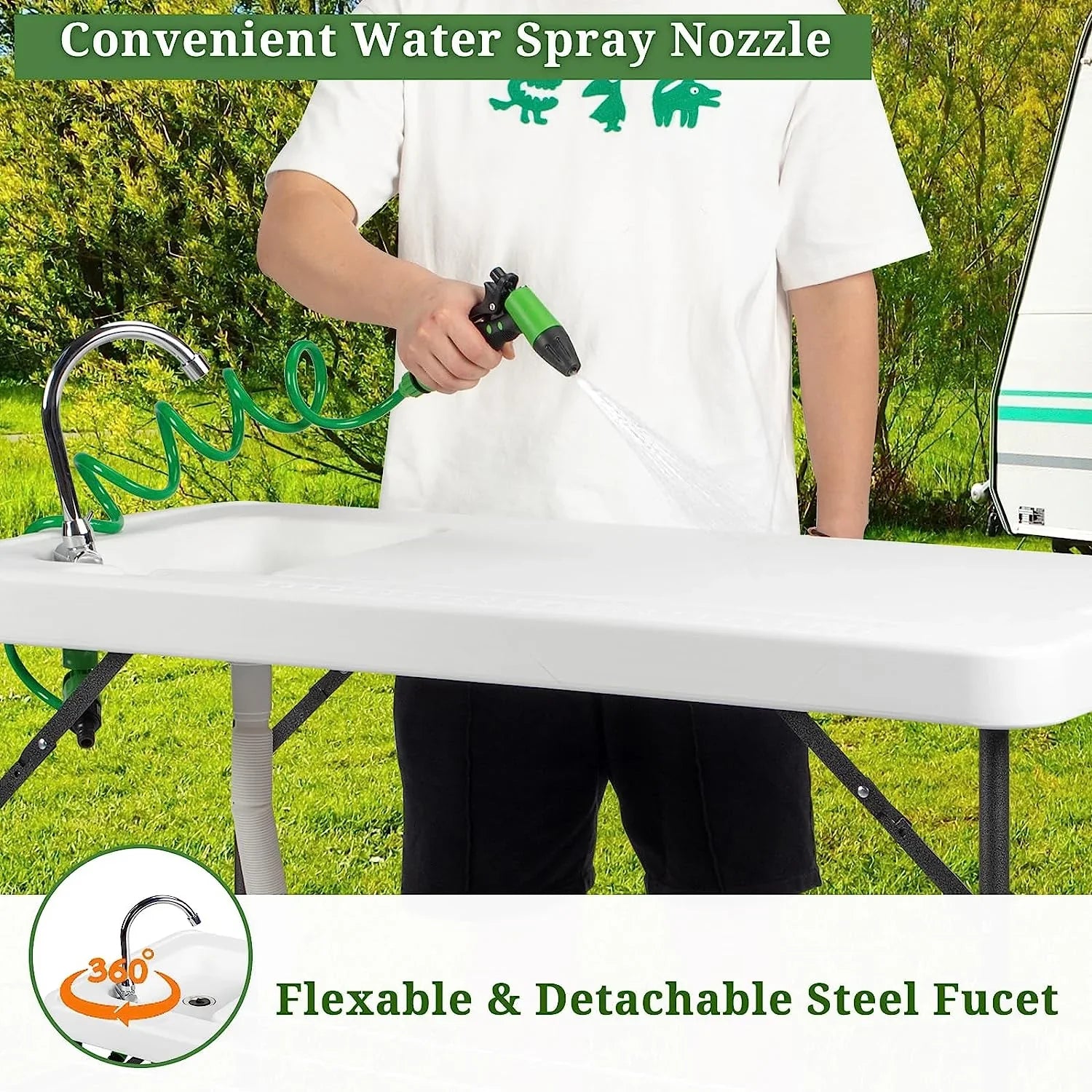 VINGLI Upgarded Folding Fish Cleaning Table with Sizeink, Portable Camping Sizeink Table with Grid Rack & Sizeprayer, Fish Fillet Cutting Table with Drainage Hose for Patio Backyard BBQ