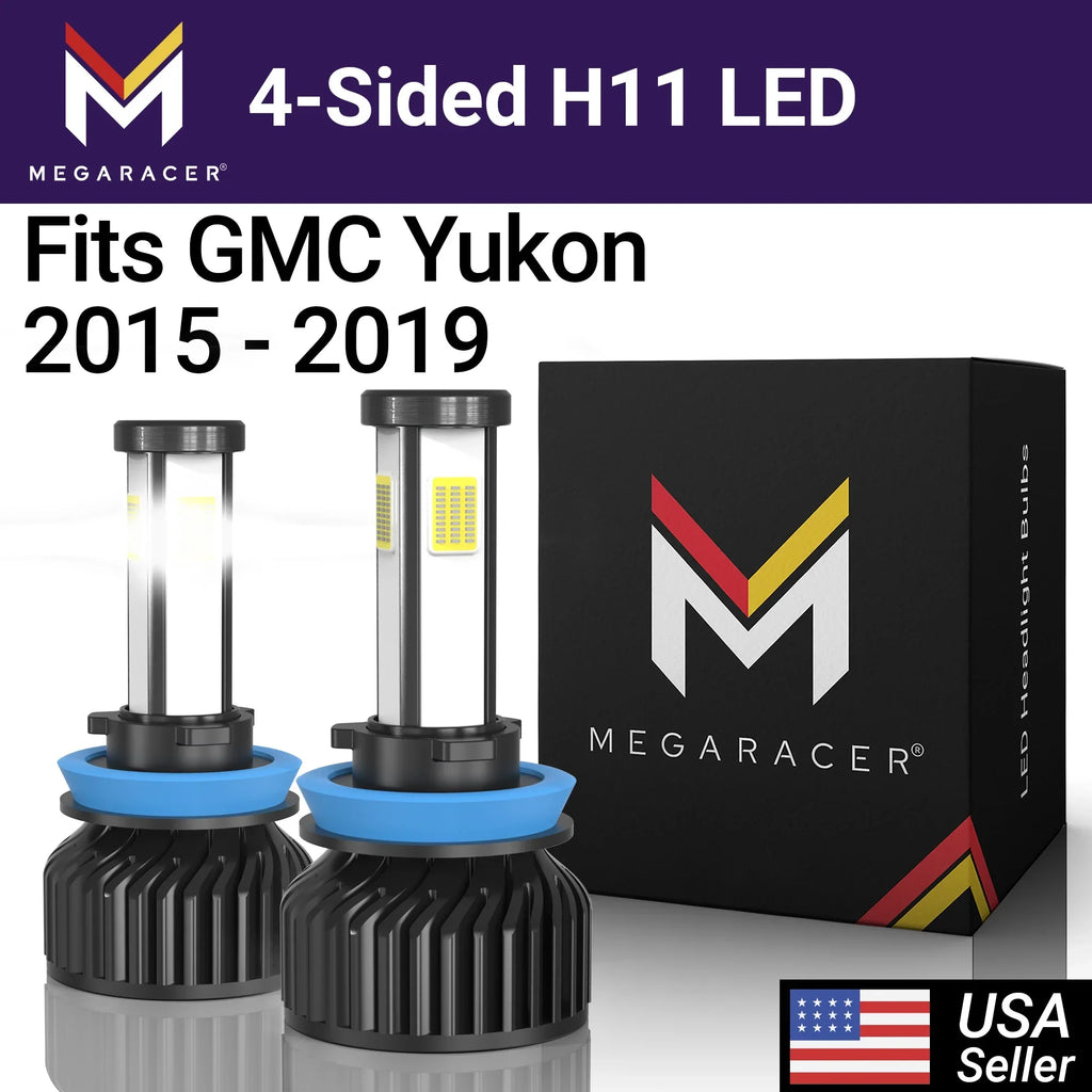 Mega Racer GMC Yukon 4 Sizeided H11 H9 H8 LED Headlight Bulbs 6000K Diamond Ivory 12V 60W 10000LM GMC Yukon 2015 2016 2017 2018 2019 15 16 17 18 19 Low Beam Automotive Replacement