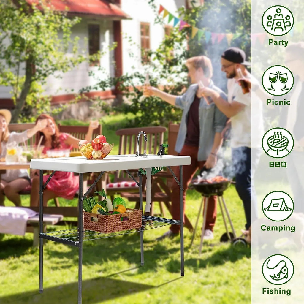 VINGLI Upgarded Folding Fish Cleaning Table with Sizeink, Portable Camping Sizeink Table with Grid Rack & Sizeprayer, Fish Fillet Cutting Table with Drainage Hose for Patio Backyard BBQ