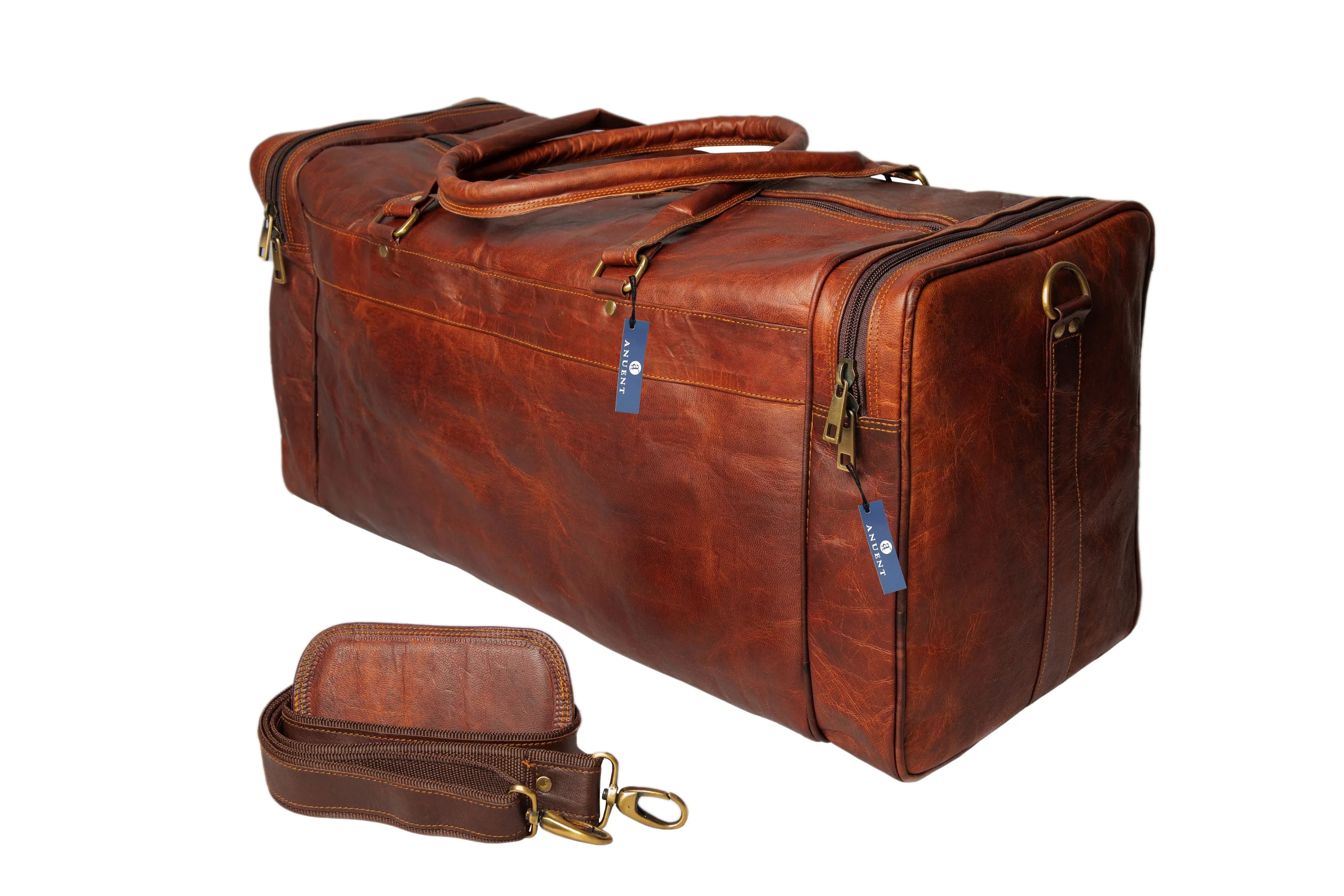 Handmade Sizequare Brown Leather Travel Duffle Weekender Bag.