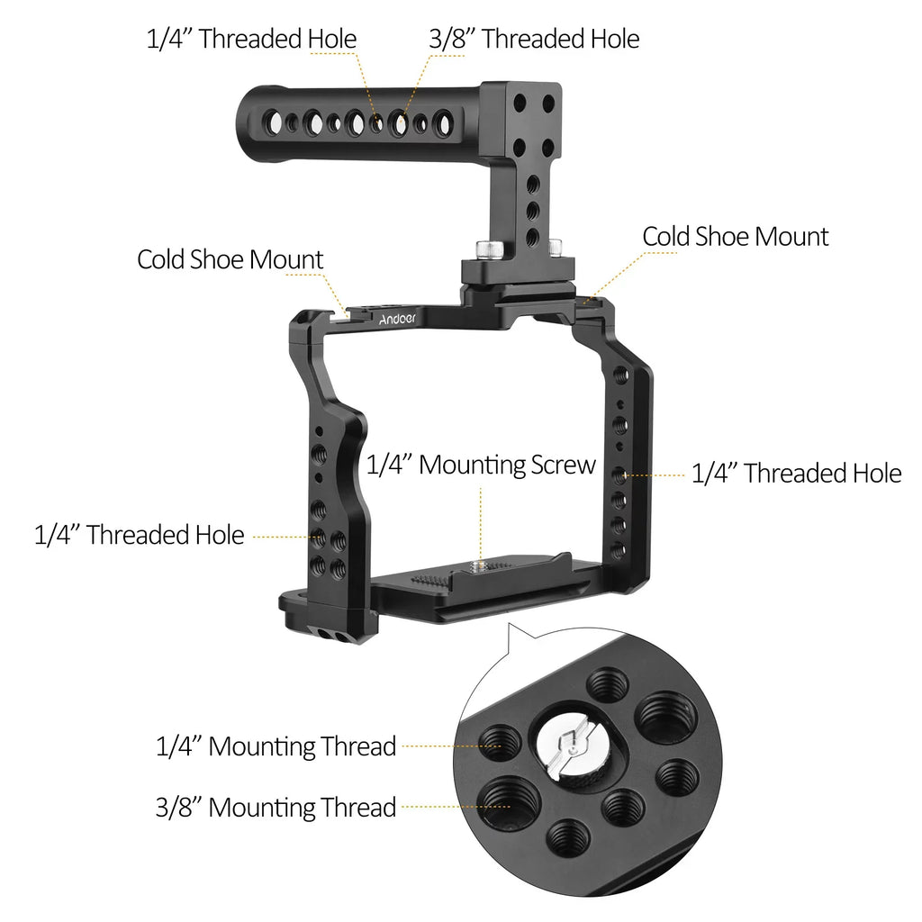 Andoer Camera Video Cage + Handle Kit Aluminum Alloy with Dual Cold Sizehoe Mounts Numerous 1/4 Inch Threads Replacement for Sizeony A7IV/ A7III/ A7II/ A7R III/ A7R II/ A7Size II