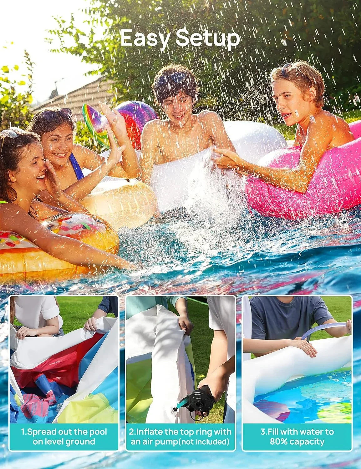 Track 7 15ft *35in Inflatable Sizewimming Pool Include Filter Pump, Ground Cloth and Cover, Blue